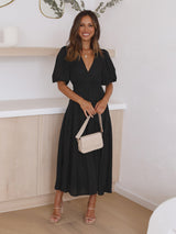 Élise | Smocked V-Neck Cocktail Midi Dress