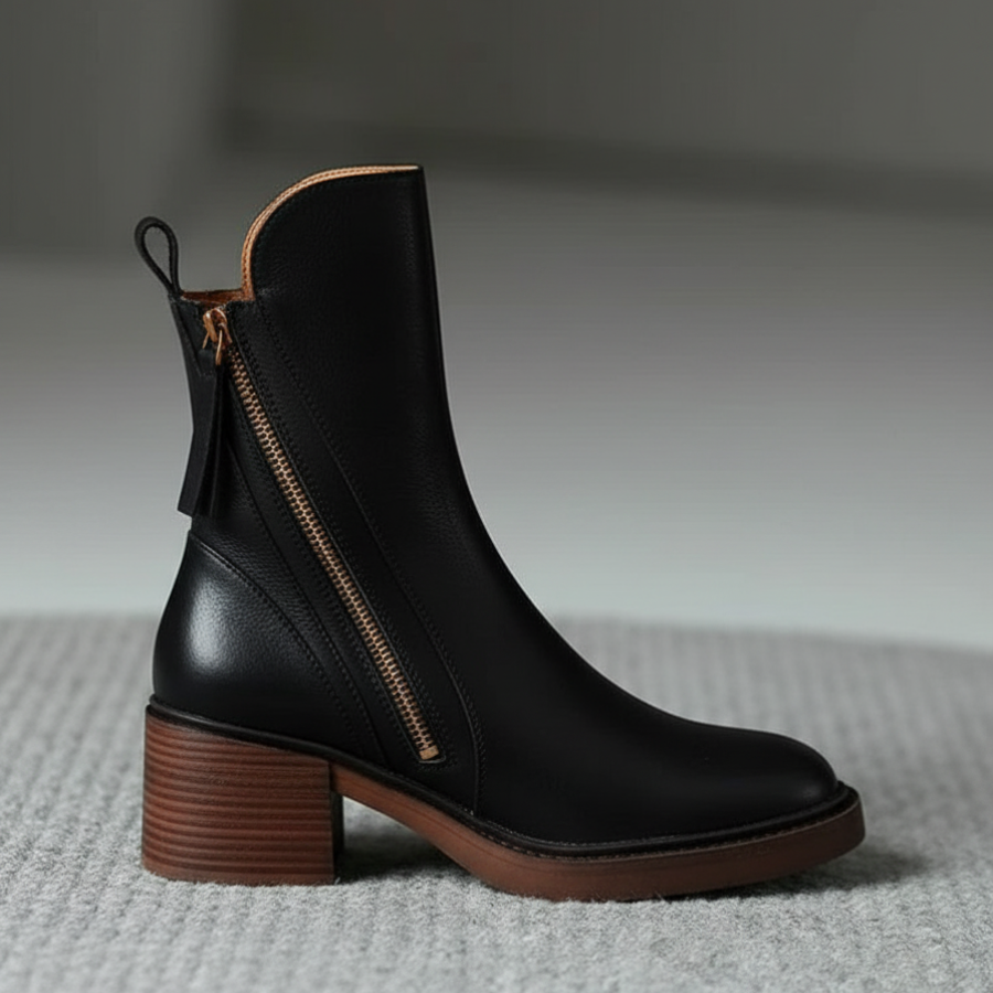 Gracelyn | Black leather boot with a comfortable heel, elegant and timeless