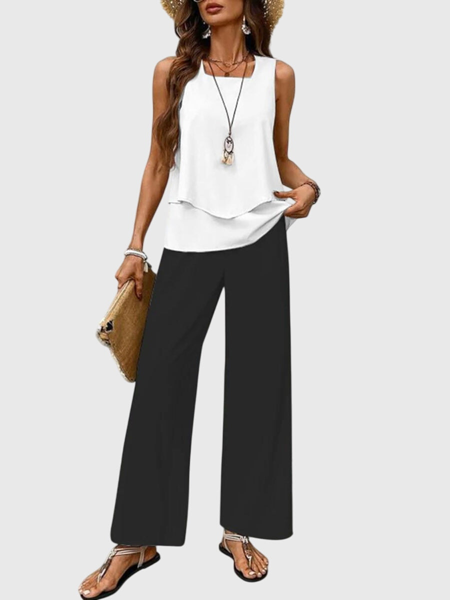 Solina | Square Neck Top & Printed Wide Leg Pants Set