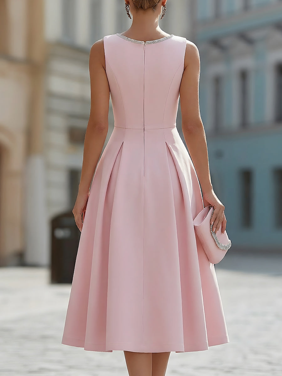 Elaria | Rhinestone Neckline Midi Cocktail Dress