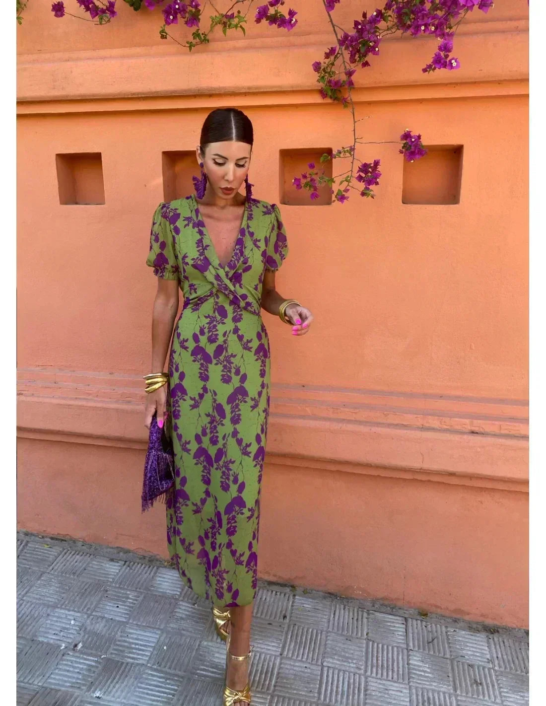 Kiera | Printed V Neck Midi Dress