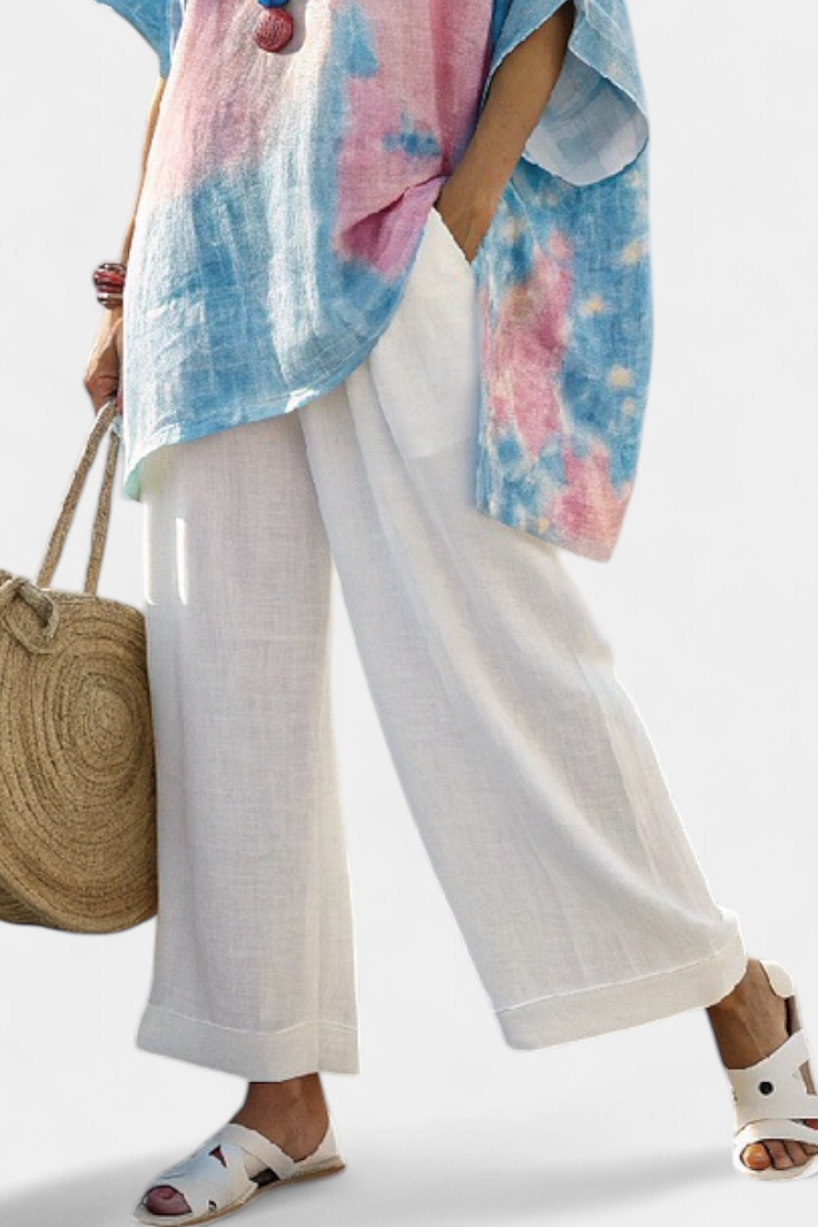 Caterina | Linen Blouse & Striped Wide Leg Pants Set