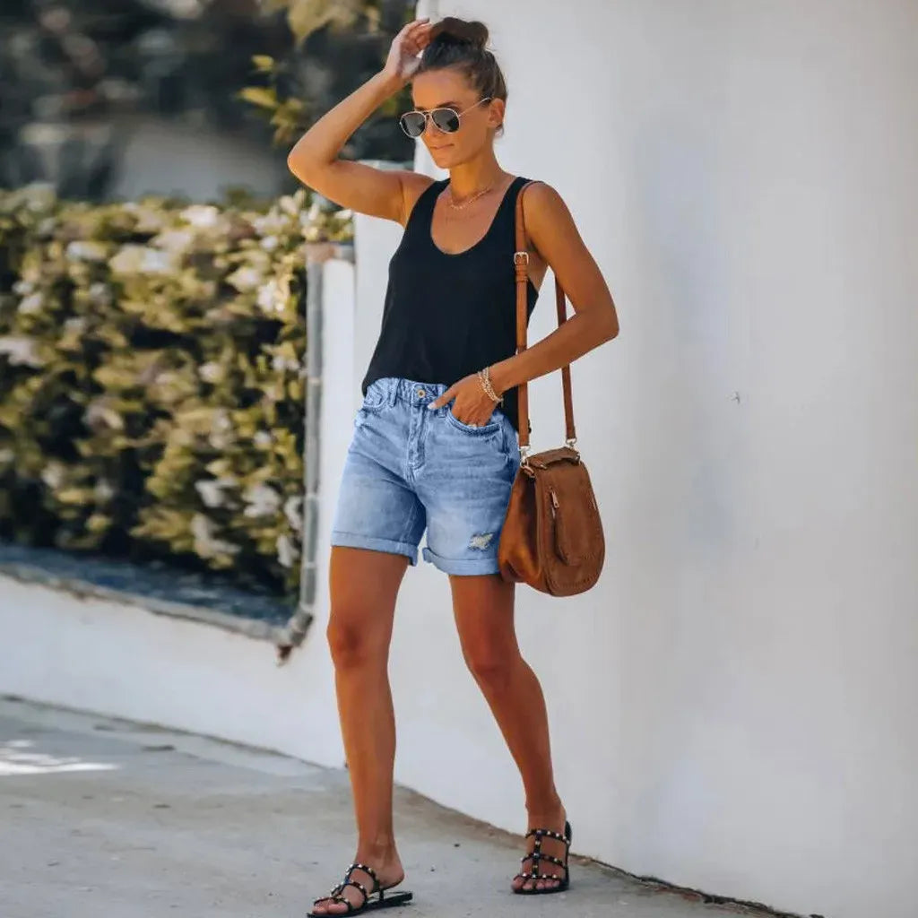 Adélie | High-Waist Rolled-Hem Denim Shorts