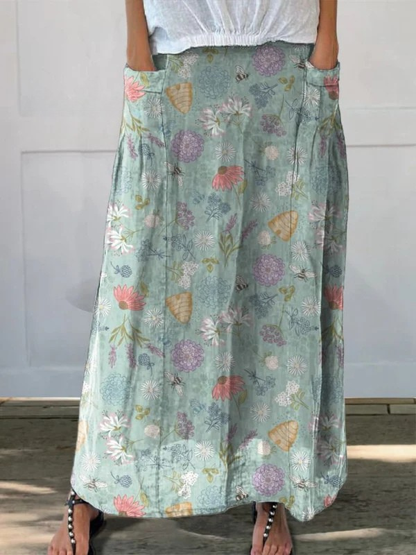 Dahlia | Floral Bee Print Skirt With Pockets