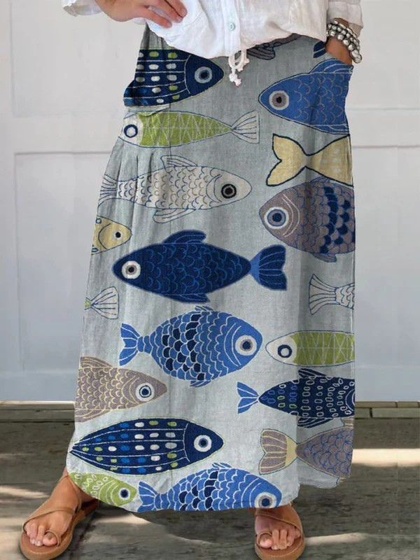 Celia | Vintage Fish Print Skirt With Pockets