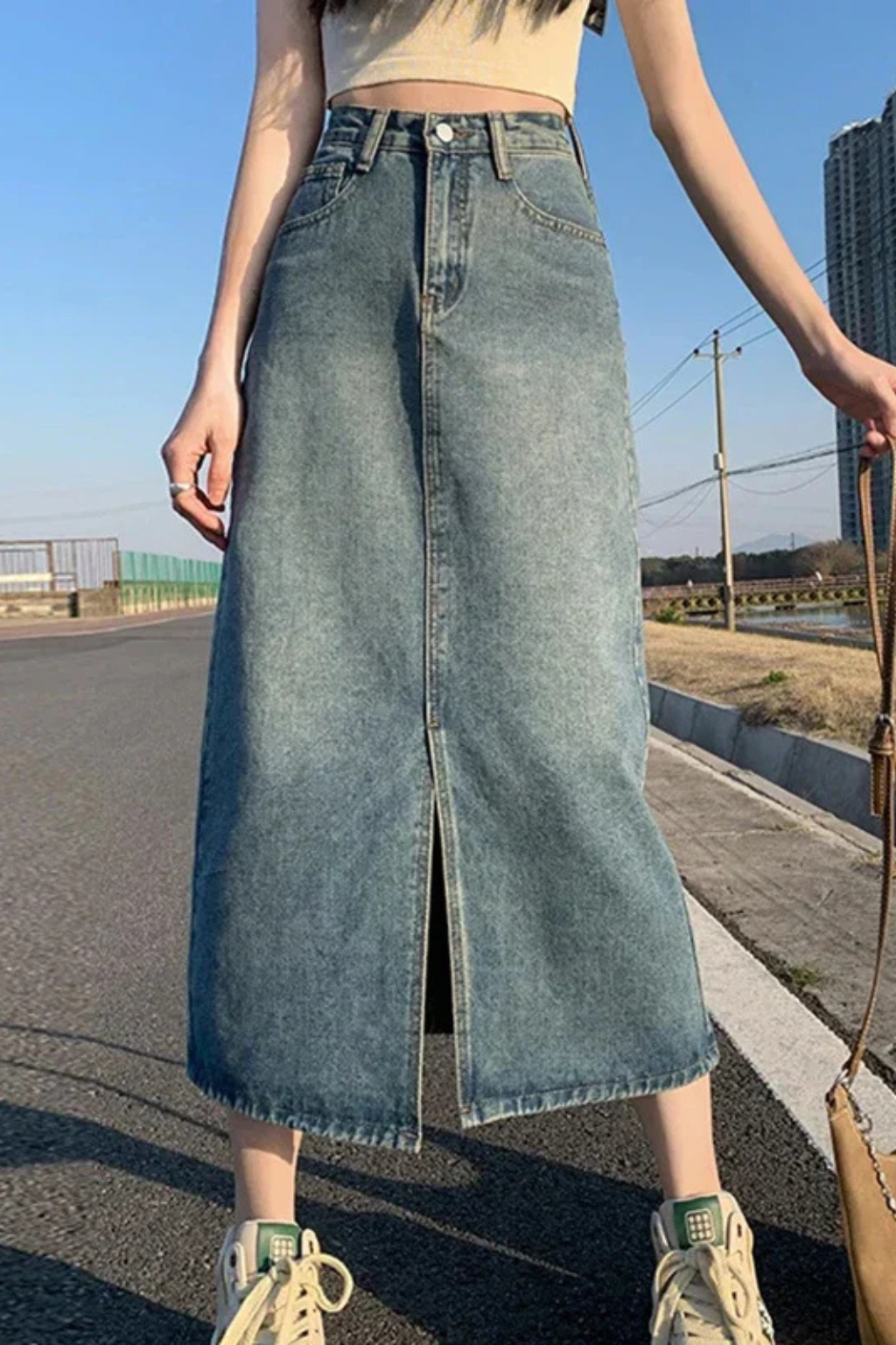 Wren | Front-Split Denim Maxi Skirt