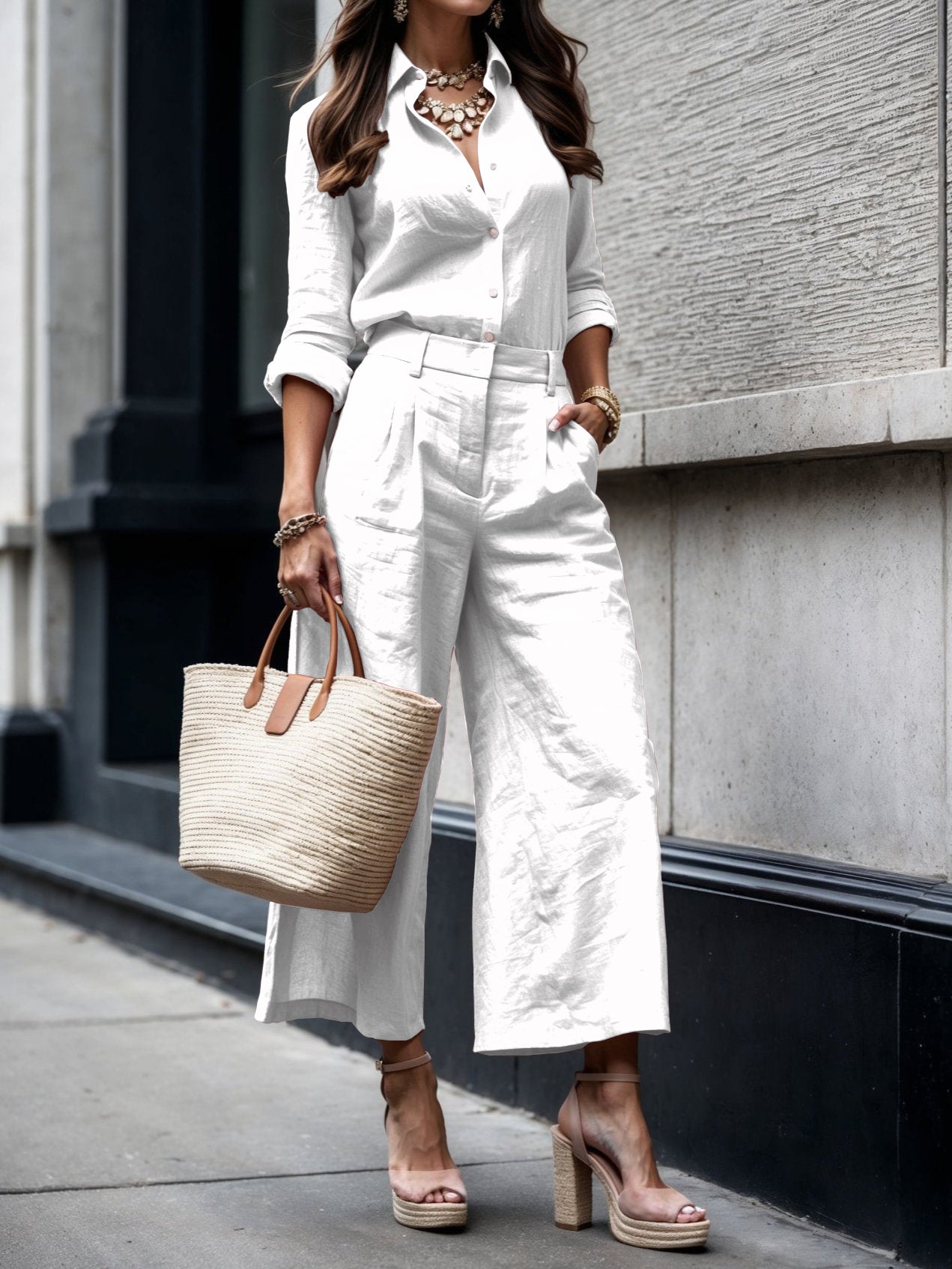 Bénédicte | Collared Shirt & Wide-Leg Pants Set