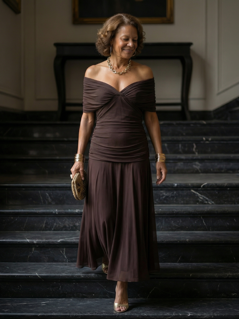 Off-shoulder flowy midi dress, alternate front view