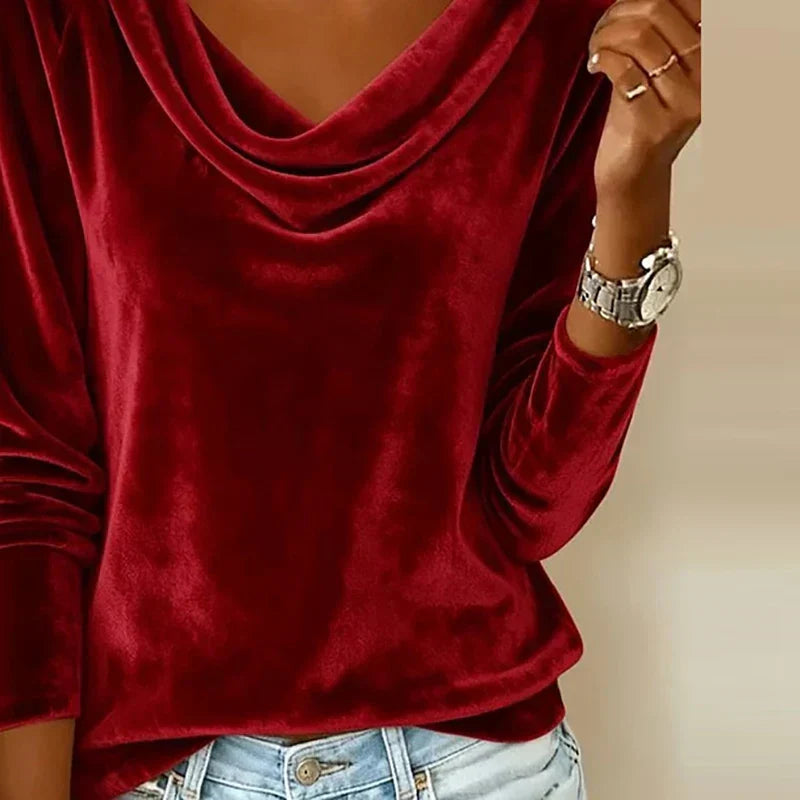 Cowl neck long sleeve top, angled front view