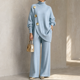 Marjolaine turtleneck sweater and pants set in light blue, front view