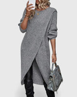 Women's Rigmor asymmetric wrap-hem long sleeve sweater dress in Gray