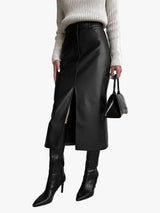 Rhea | Coated Front Slit Midi Skirt