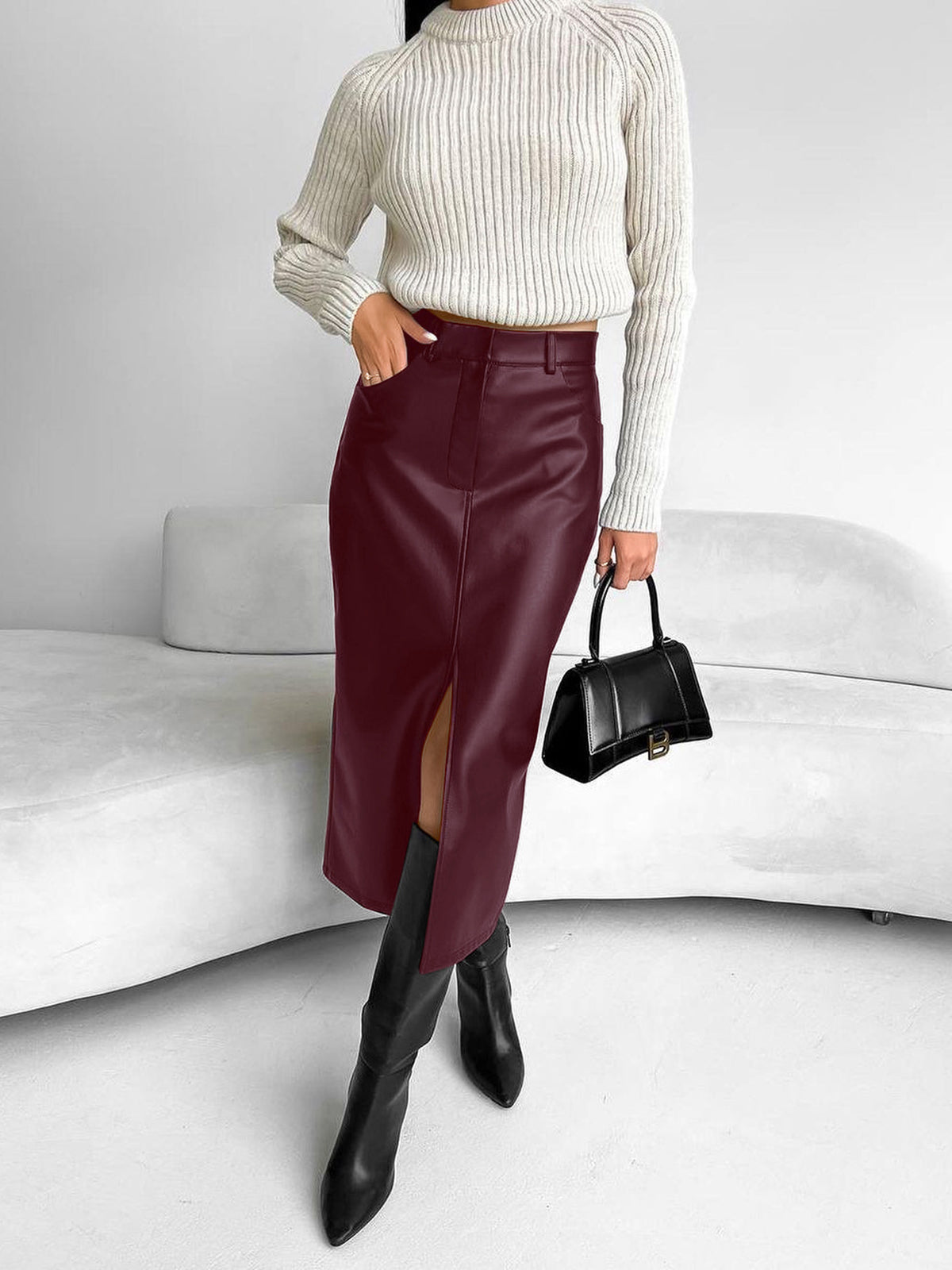 Rhea | Coated Front Slit Midi Skirt