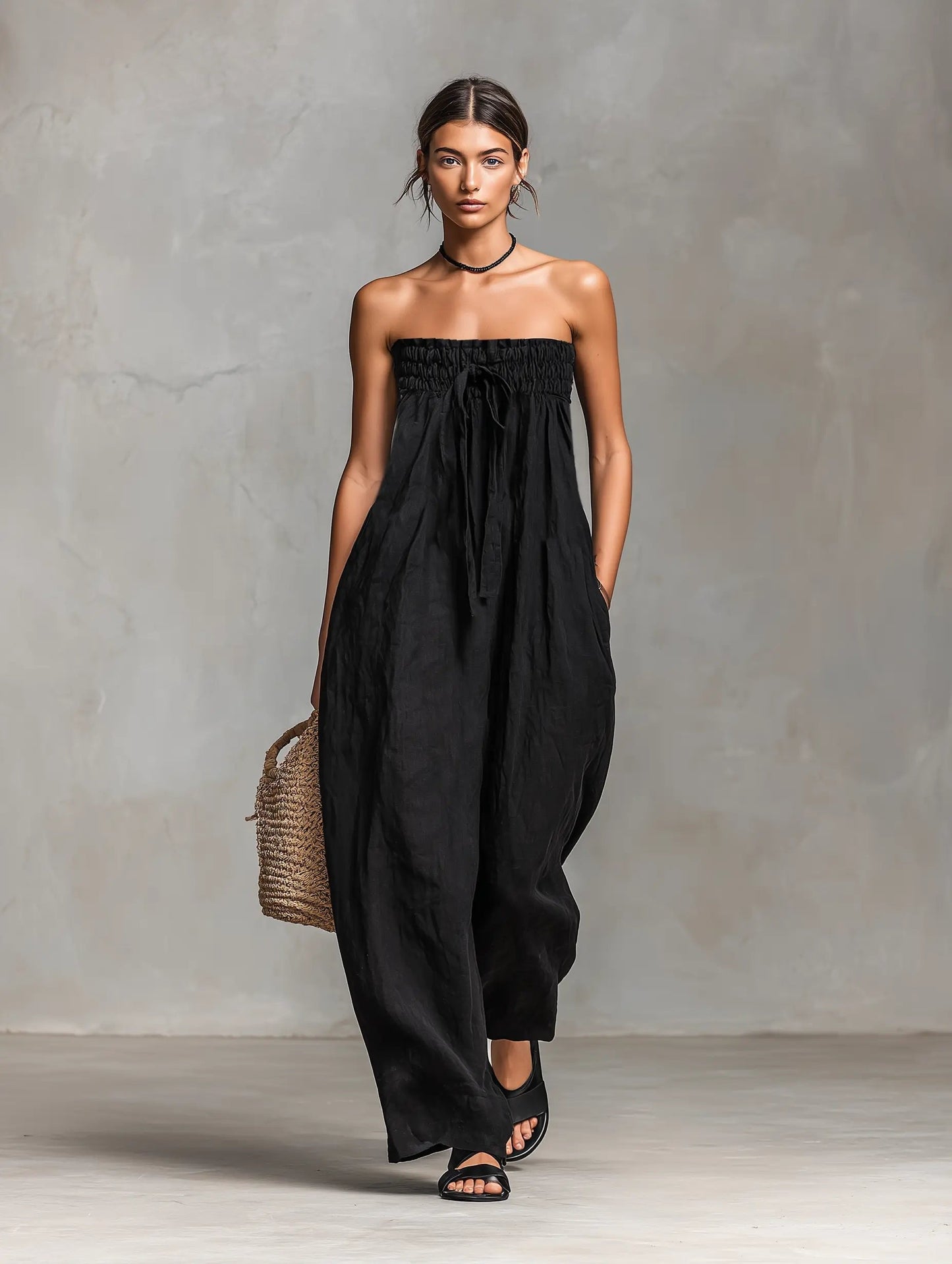 Grace | Women's Strapless Loose-Fit Linen Blend Wide-Leg Jumpsuit
