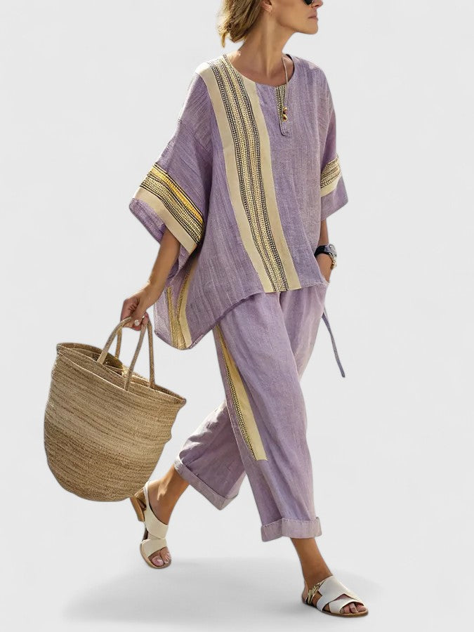 Marbella | Linen Top & Striped Wide Leg Pants Set