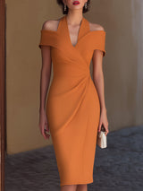 Simone | Off-Shoulder Halter Midi Cocktail Dress