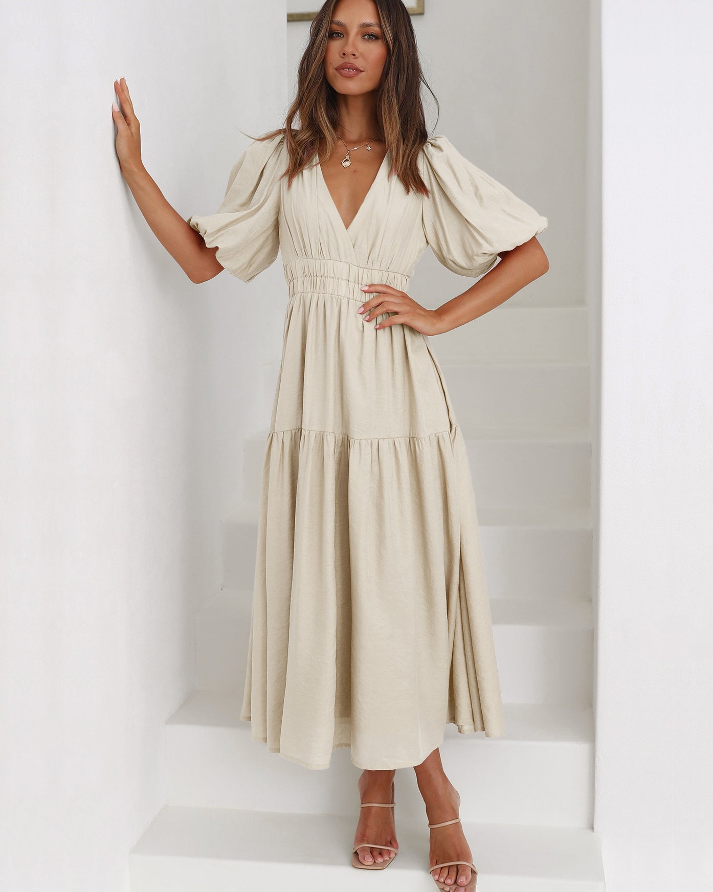 Élise | Smocked V-Neck Cocktail Midi Dress