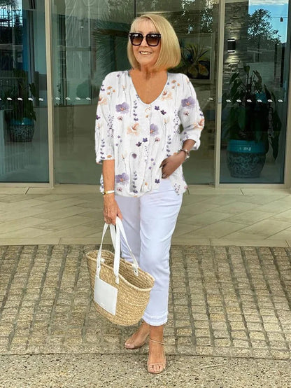 Clotilde | Floral V-Neck Three-Quarter Sleeve Blouse