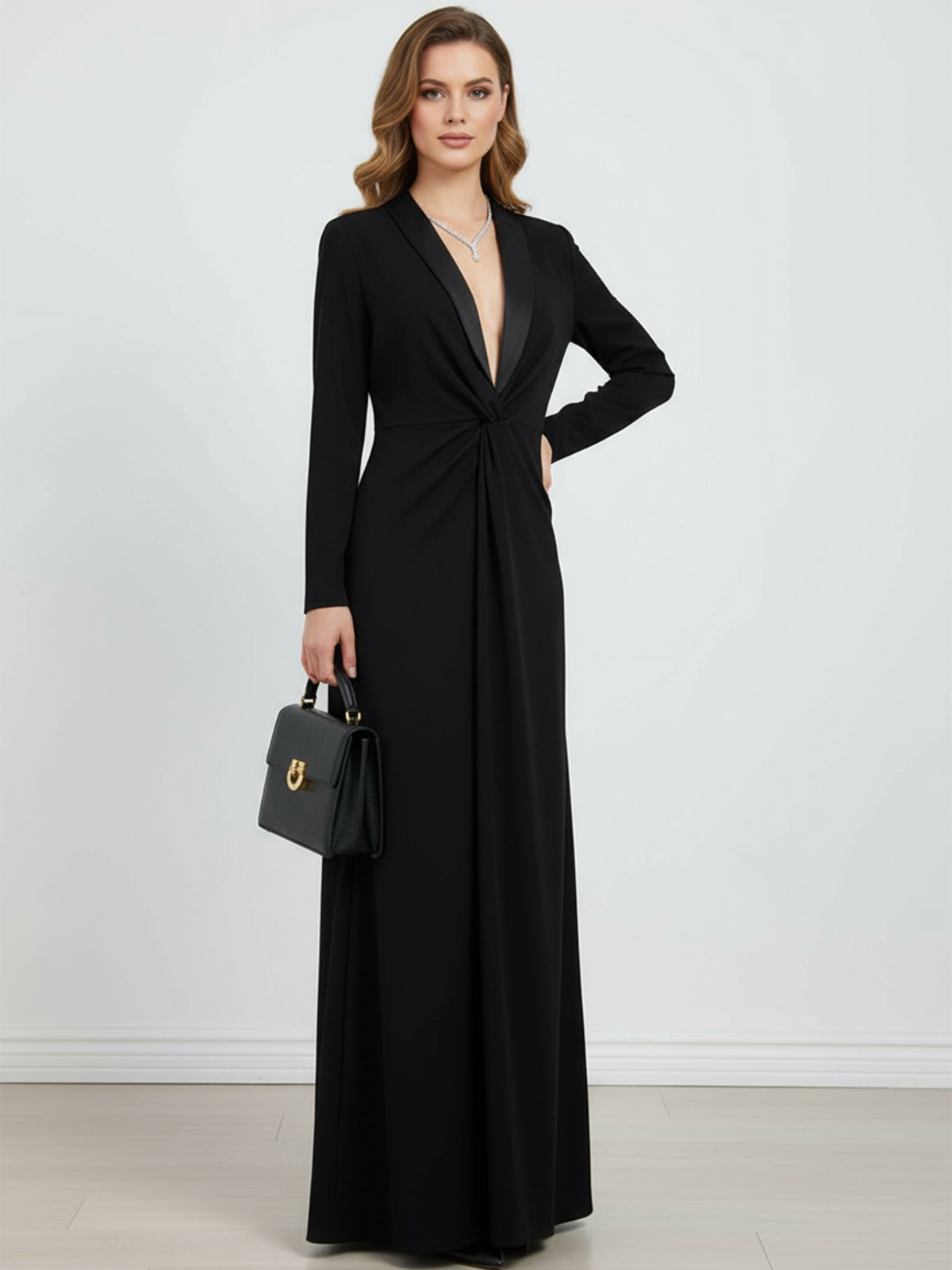 Lena | Black Deep V Twist-Front Maxi Dress