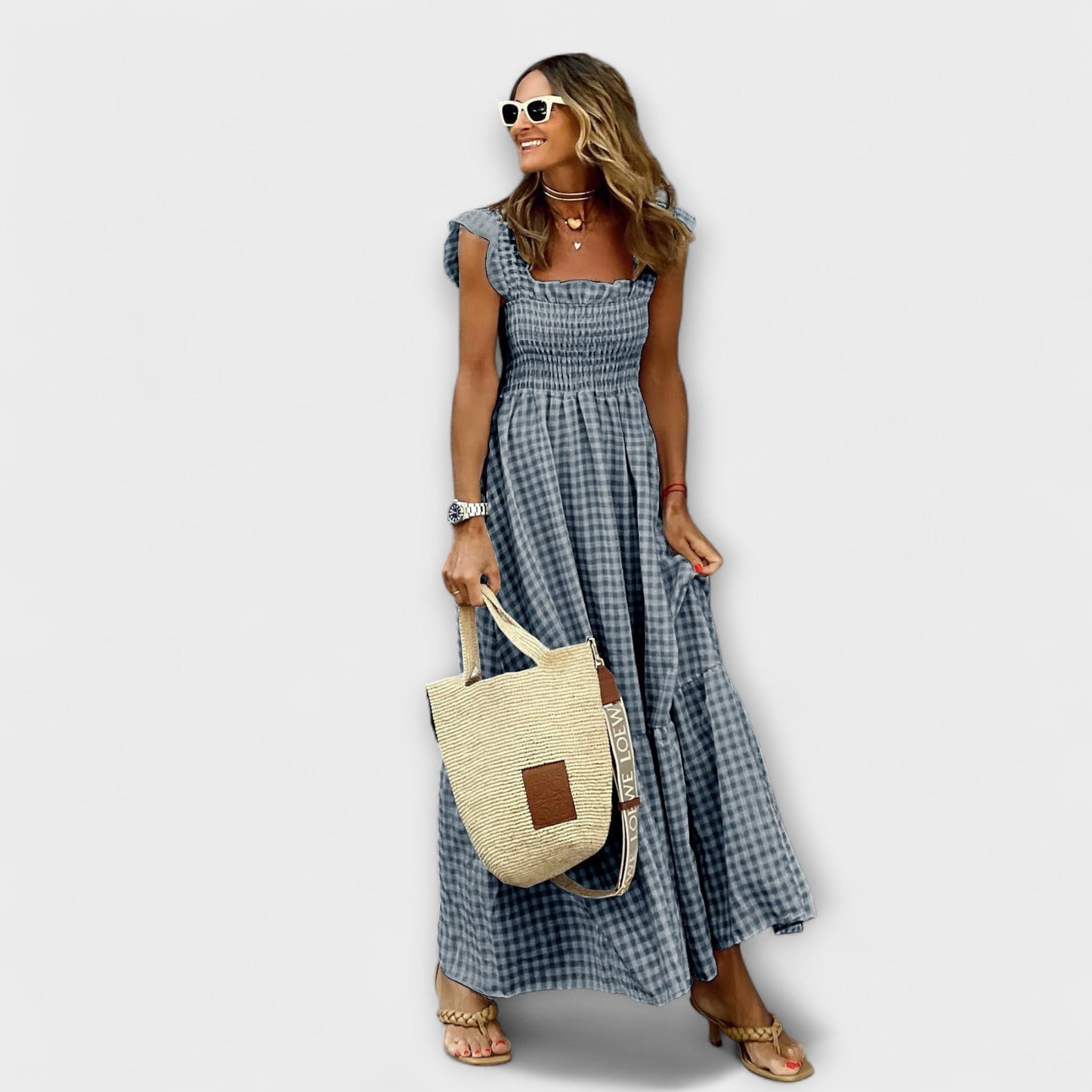 Maribel | Checked Ruffle Sleeve Maxi Dress