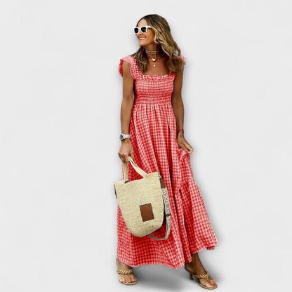 Maribel | Checked Ruffle Sleeve Maxi Dress