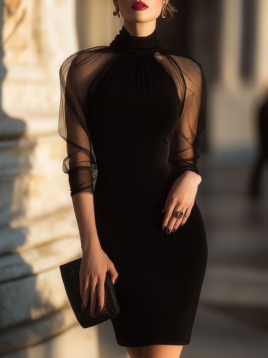 Isolde | Sheer Sleeve High-Neck Cocktail Dress