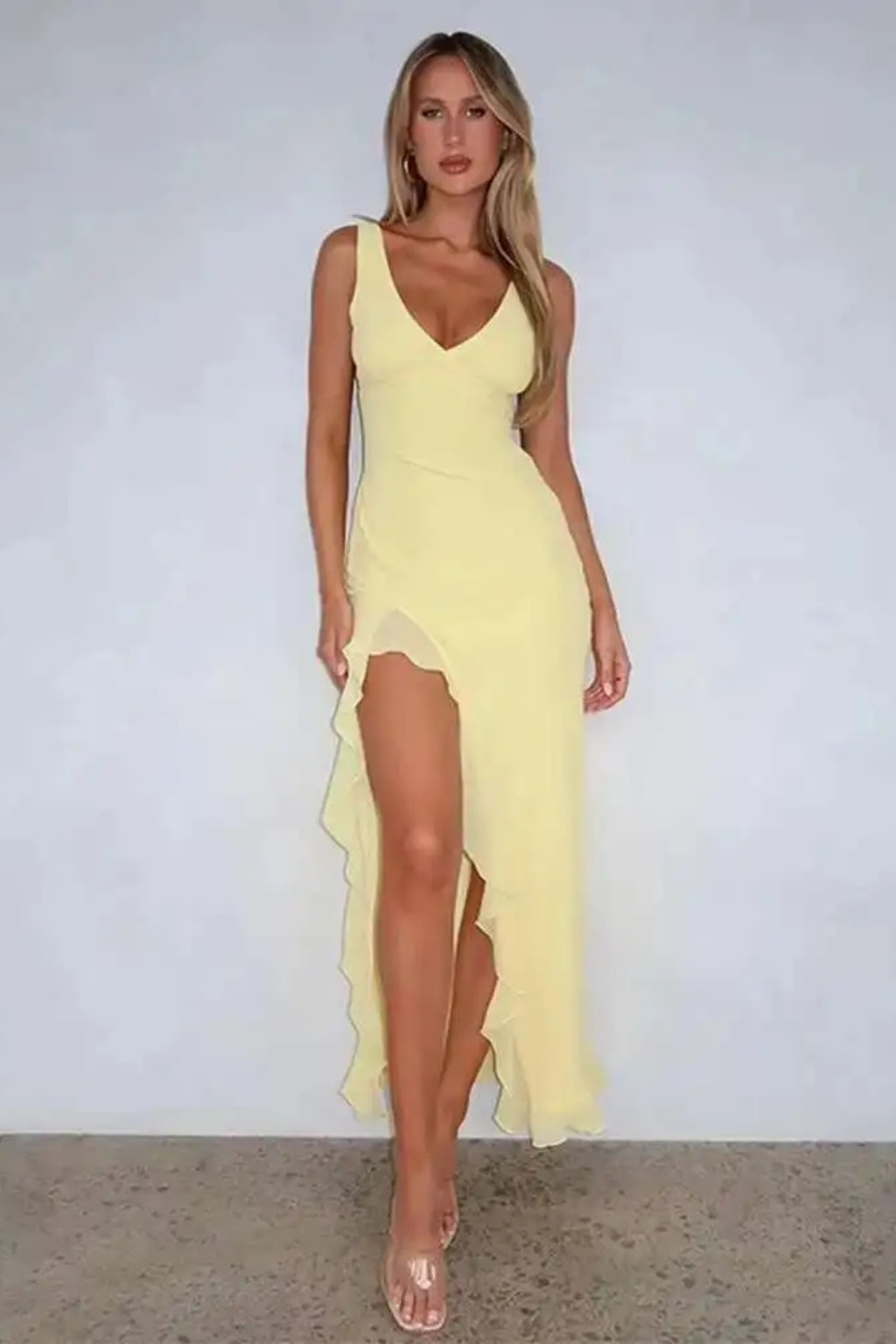 Brielle | V Neck Ruffle Hem Midi Dress
