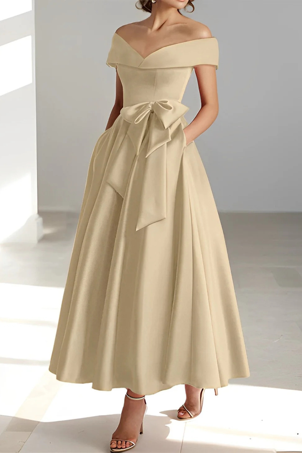Delphine | Off Shoulder Bow Midi Dress