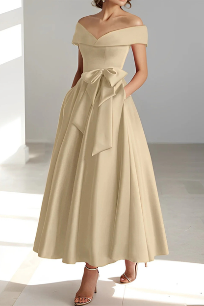 Delphine | Off Shoulder Bow Midi Dress