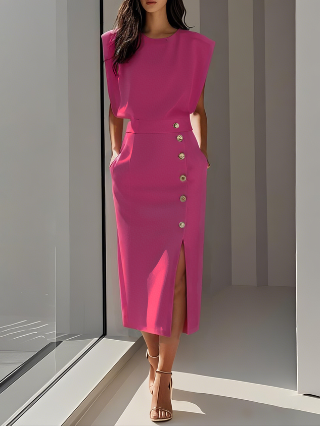 Noor | Round Neck Button-Slit Midi Dress