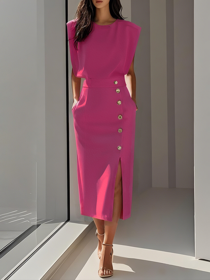 Noor | Round Neck Button-Slit Midi Dress
