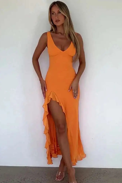 Brielle | V Neck Ruffle Hem Midi Dress