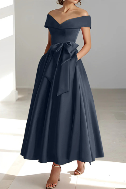Delphine | Off Shoulder Bow Midi Dress