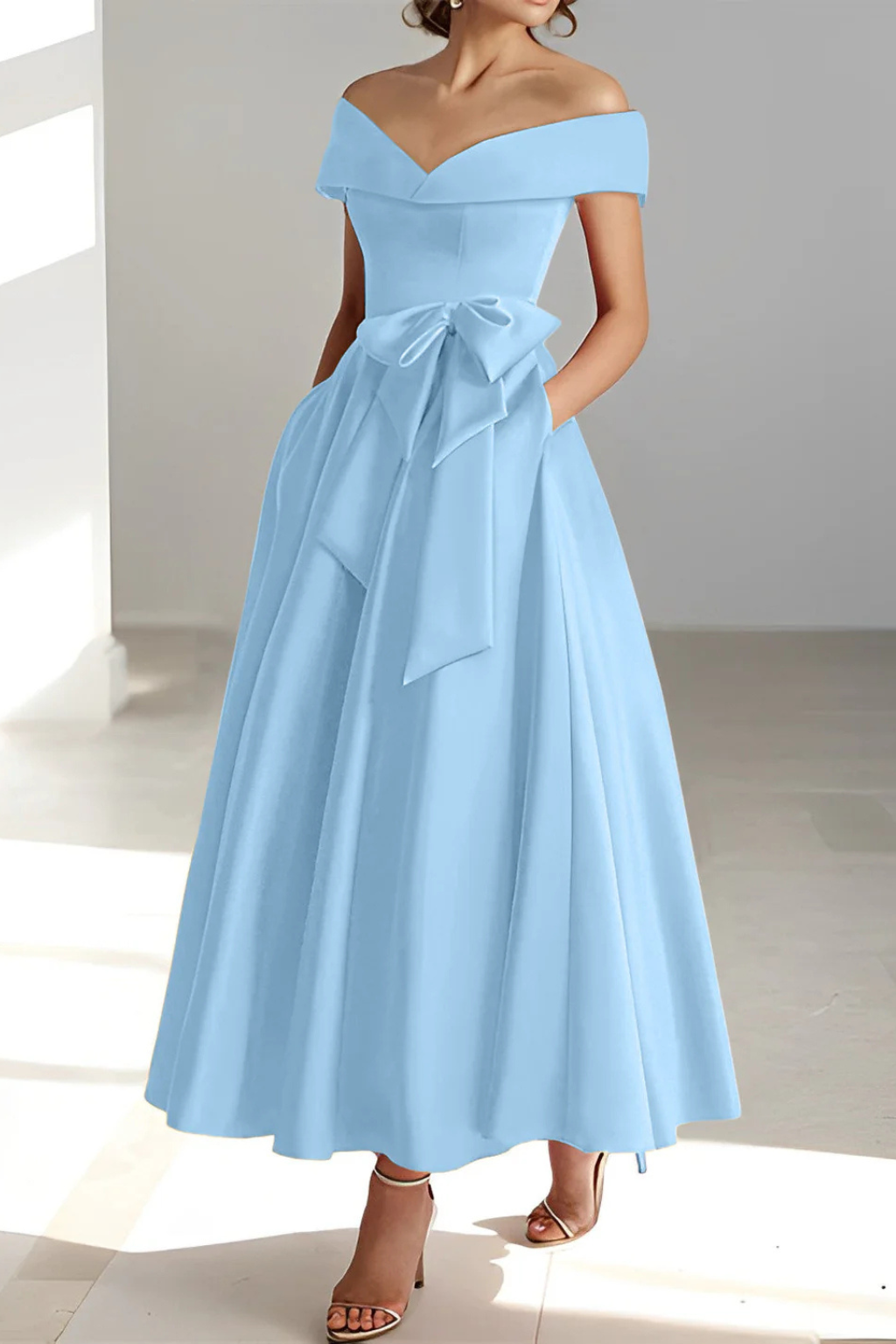 Delphine | Off Shoulder Bow Midi Dress