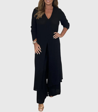 Marisela | V Neck Blouse & Wide Leg Pants Set
