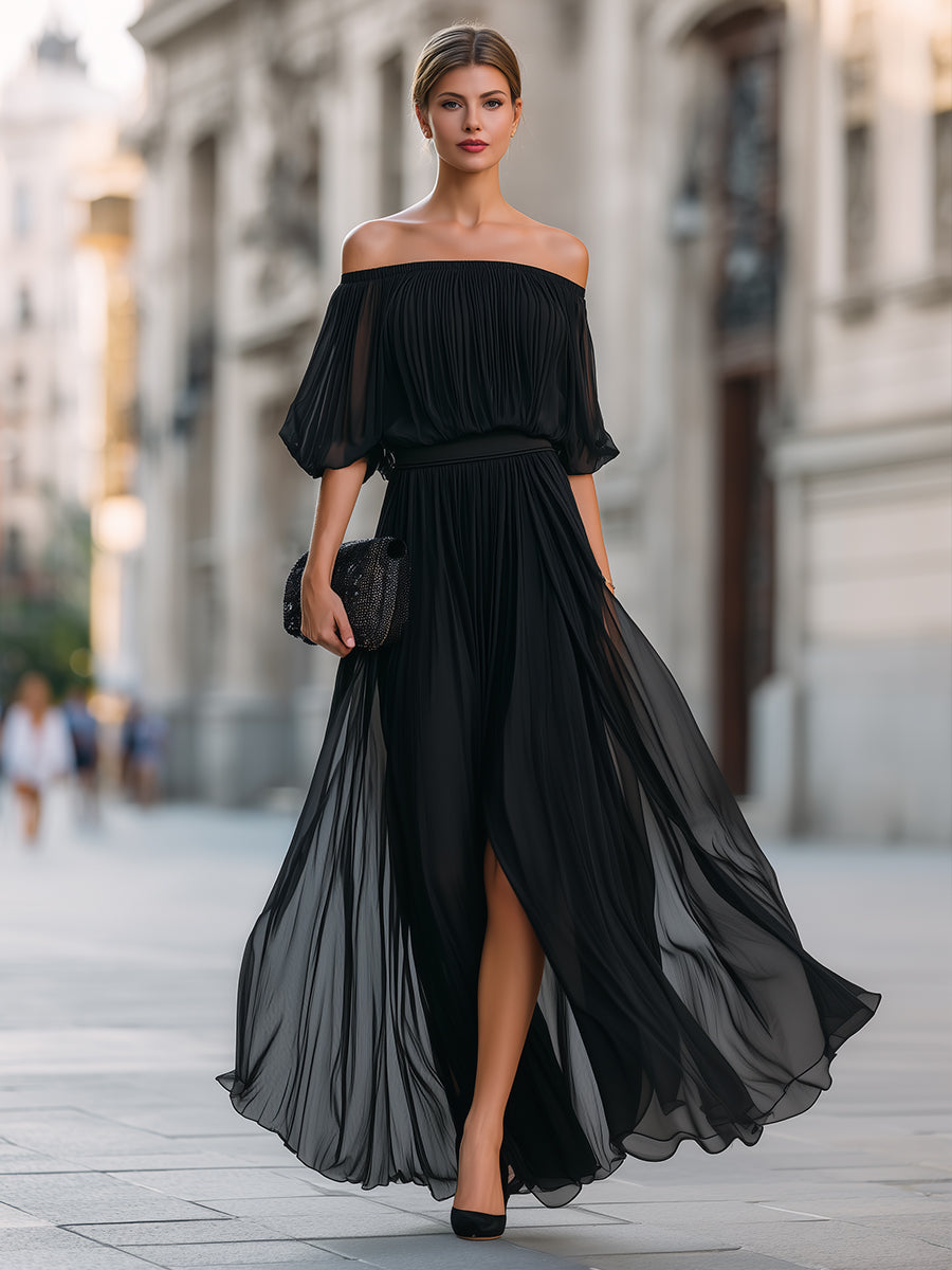Elina | Off-Shoulder Pleated Wedding Guest Maxi Dress