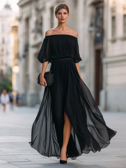 Elina | Off-Shoulder Pleated Wedding Guest Maxi Dress