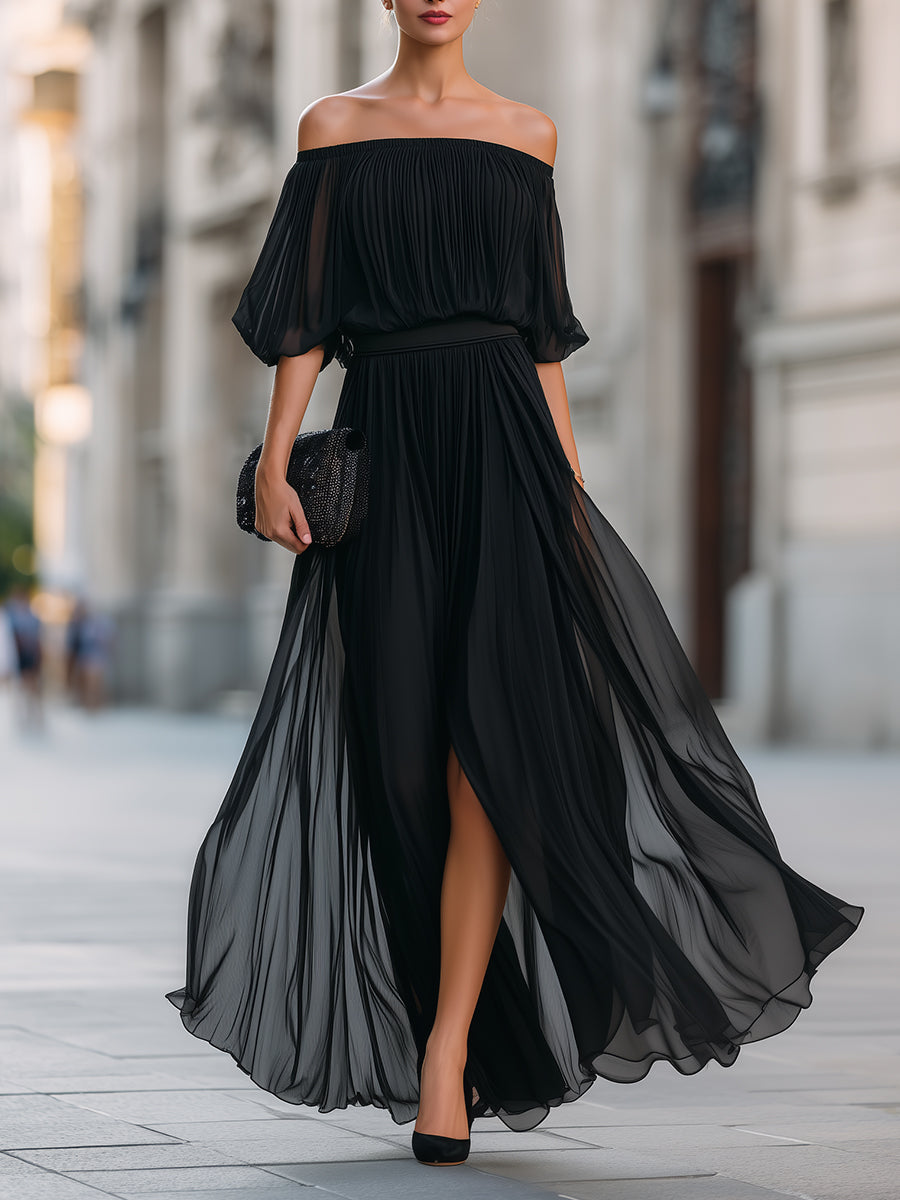 Elina | Off-Shoulder Pleated Wedding Guest Maxi Dress