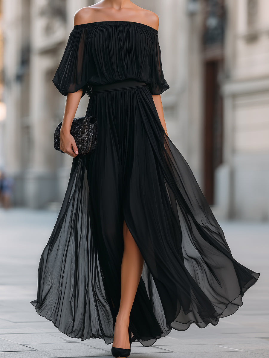 Elina | Off-Shoulder Pleated Wedding Guest Maxi Dress