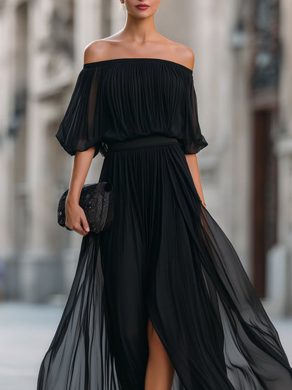 Elina | Off-Shoulder Pleated Wedding Guest Maxi Dress