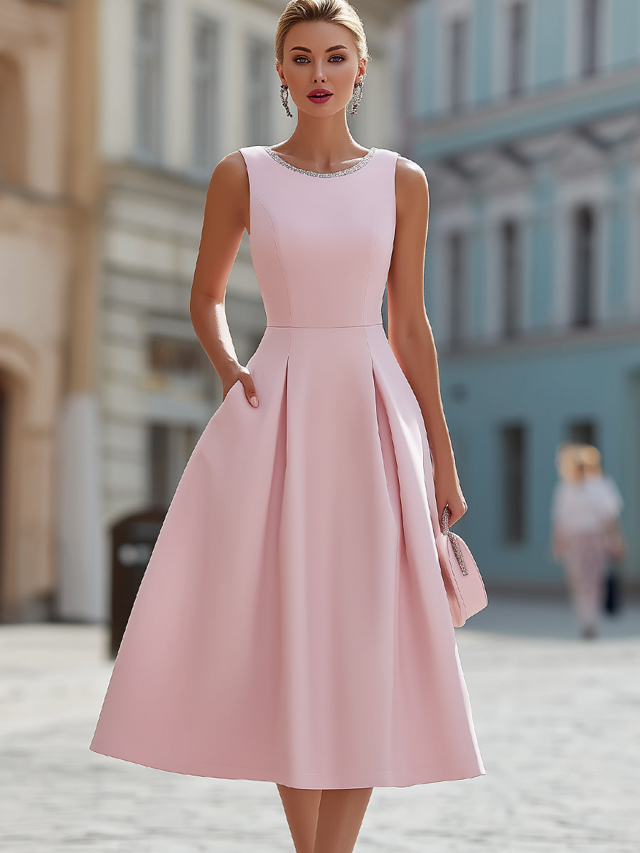 Elaria | Rhinestone Neckline Midi Cocktail Dress