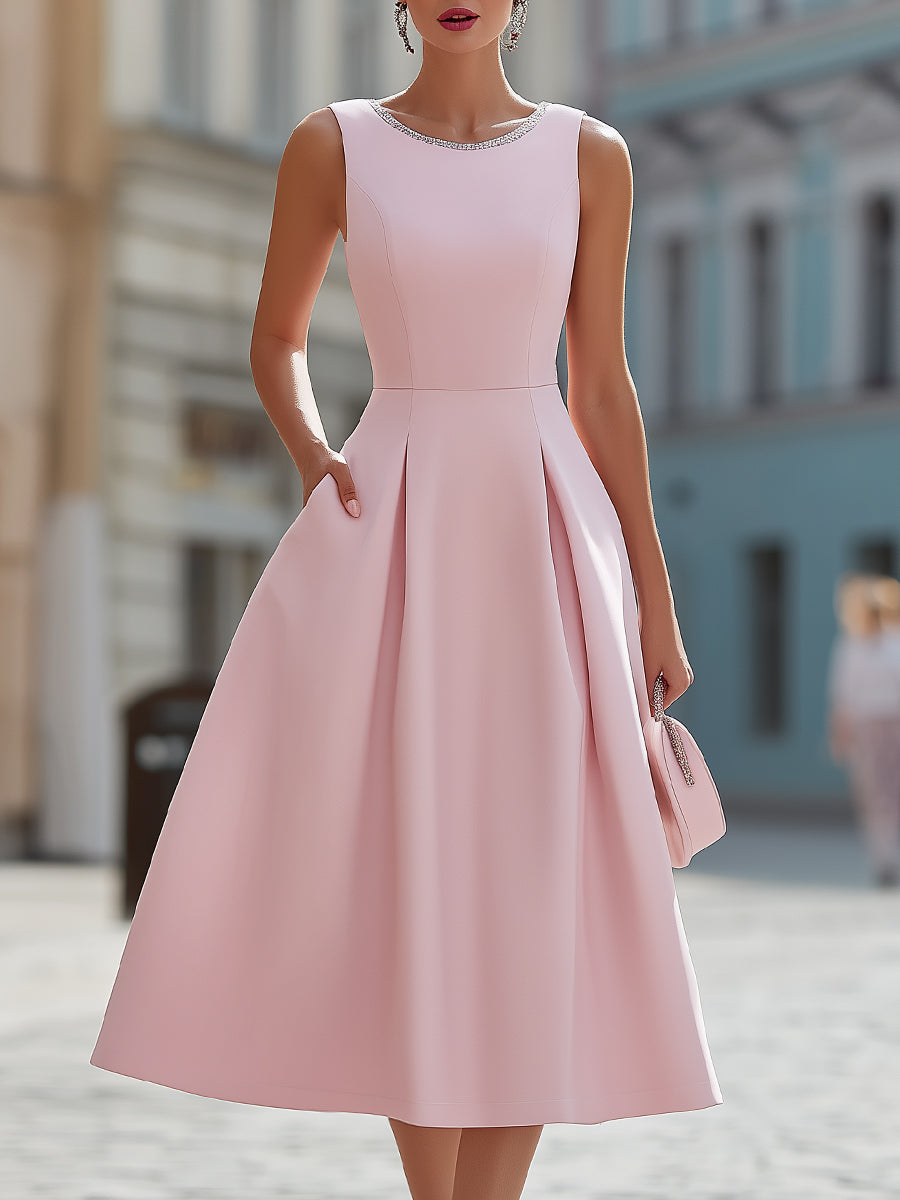 Elaria | Rhinestone Neckline Midi Cocktail Dress