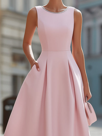 Elaria | Rhinestone Neckline Midi Cocktail Dress