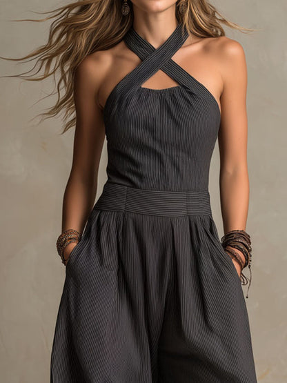 Quinn | Crisscross Halter Wide-Leg Jumpsuit