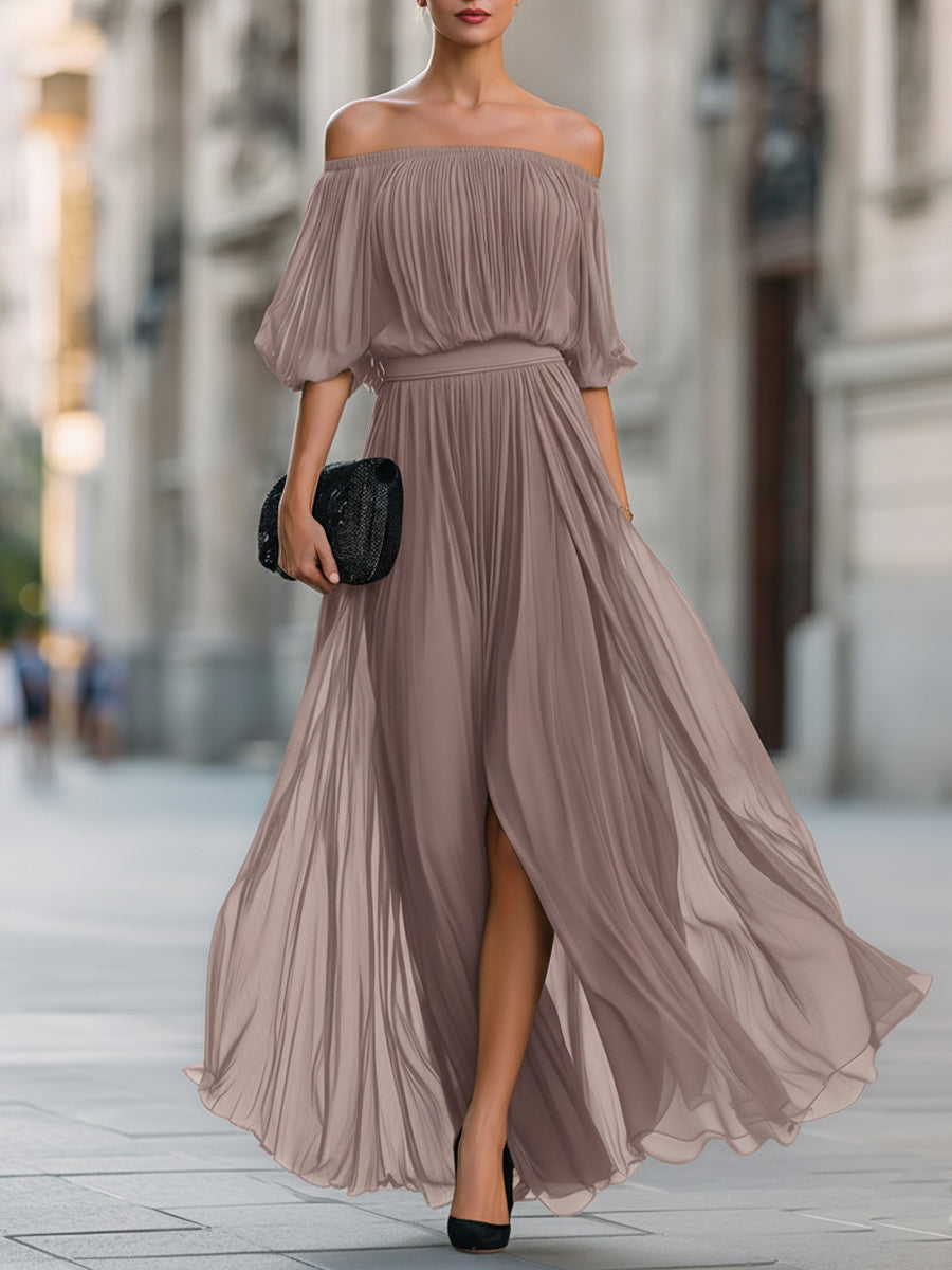 Elina | Off-Shoulder Pleated Wedding Guest Maxi Dress