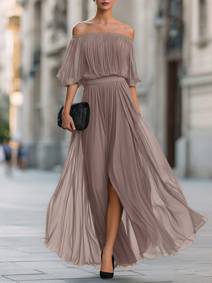 Elina | Off-Shoulder Pleated Wedding Guest Maxi Dress