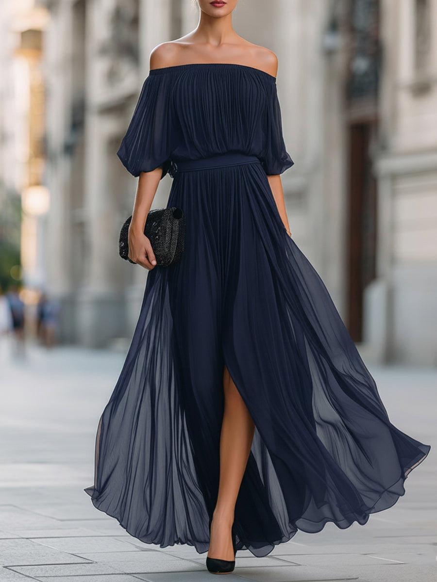 Elina | Off-Shoulder Pleated Wedding Guest Maxi Dress
