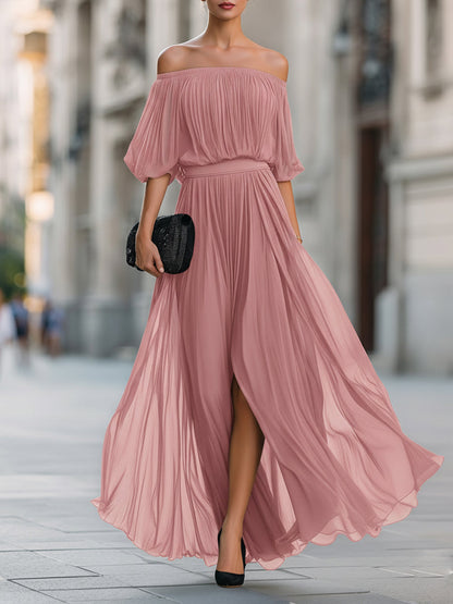 Elina | Off-Shoulder Pleated Wedding Guest Maxi Dress
