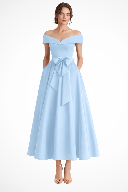 Delphine | Off Shoulder Bow Midi Dress