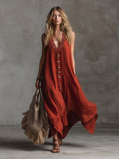 Zélie | Button-Front Lace Trim Maxi Dress